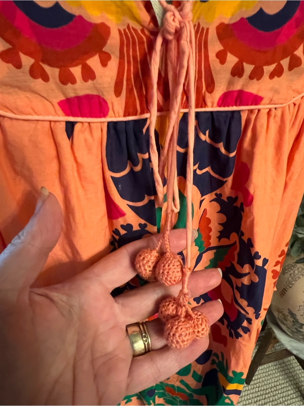 Bright Coral Embroidered Boho Midi Dress 100% cotton - Picture 2 of 15